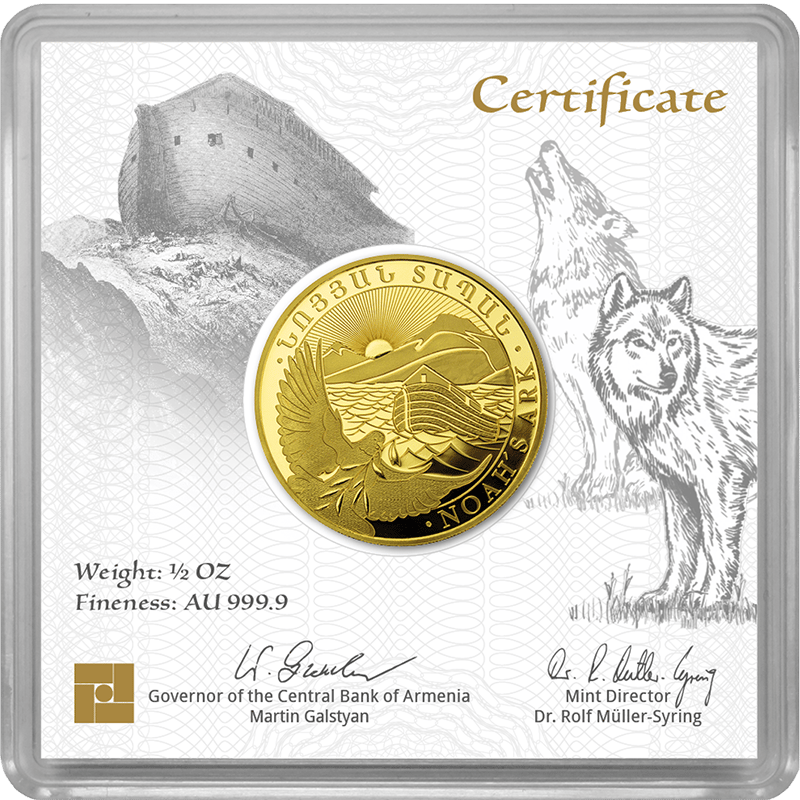 1/2 ounce of gold · The gold coin in its capsule, behind it the certificate with weight, fineness and two signatures