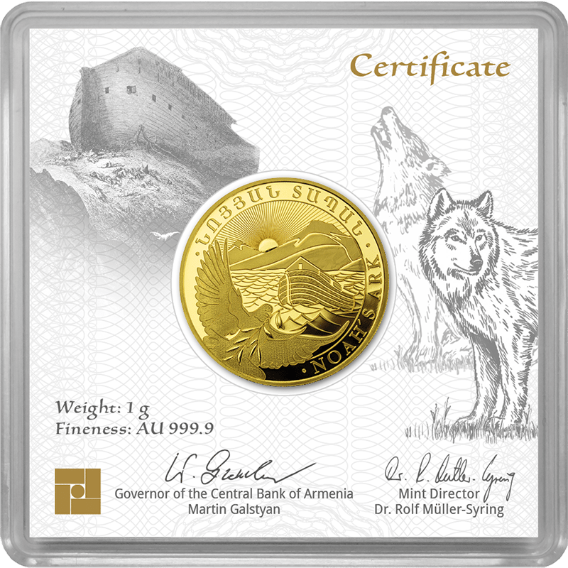 1 Gramm Gold · Die Goldmünze in ihrer Kapsel, dahinter das Zertifikat mit Gewicht, Feinheit und zwei Unterschriften