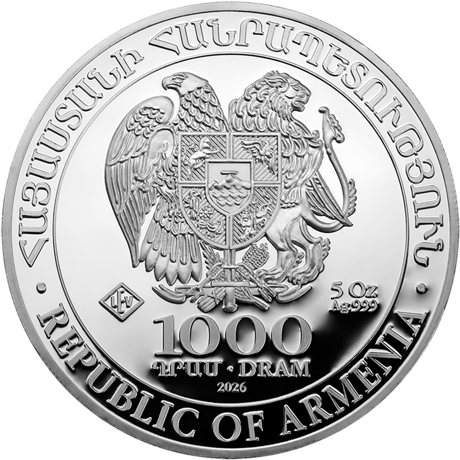5 ounces of silver · Value side with the national coat of arms of Armenia