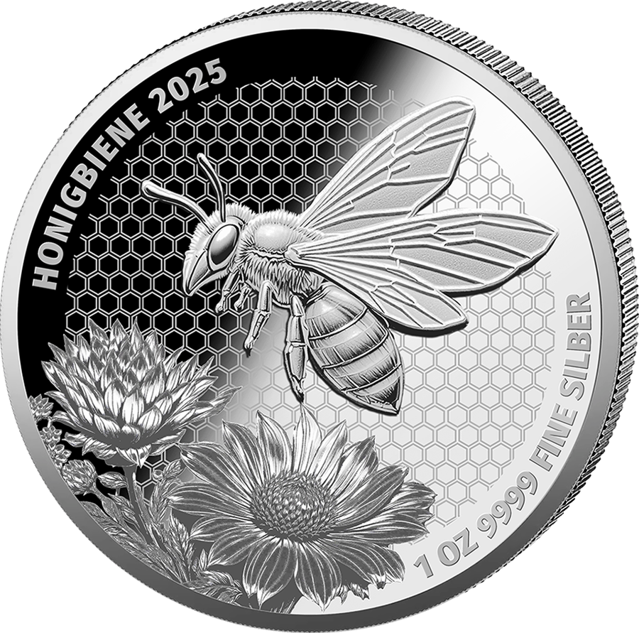 1 ounce silver Honey Bee 2025 · Design side with the bee in front of the honeycomb