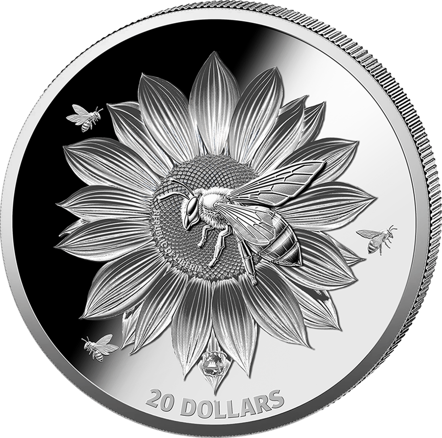 1 ounce silver Honey Bee 2025 · Value side with the bee on the sunflower