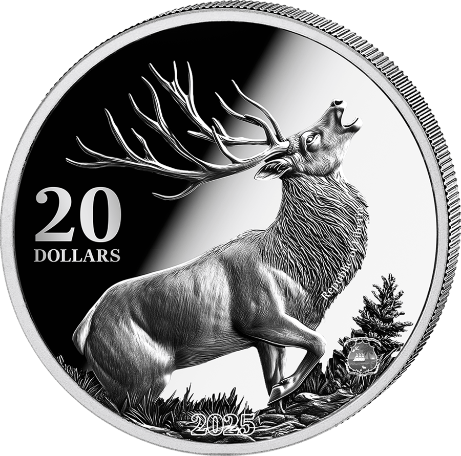 1 ounce silver Stag 2025 · Value side with the roaring stag