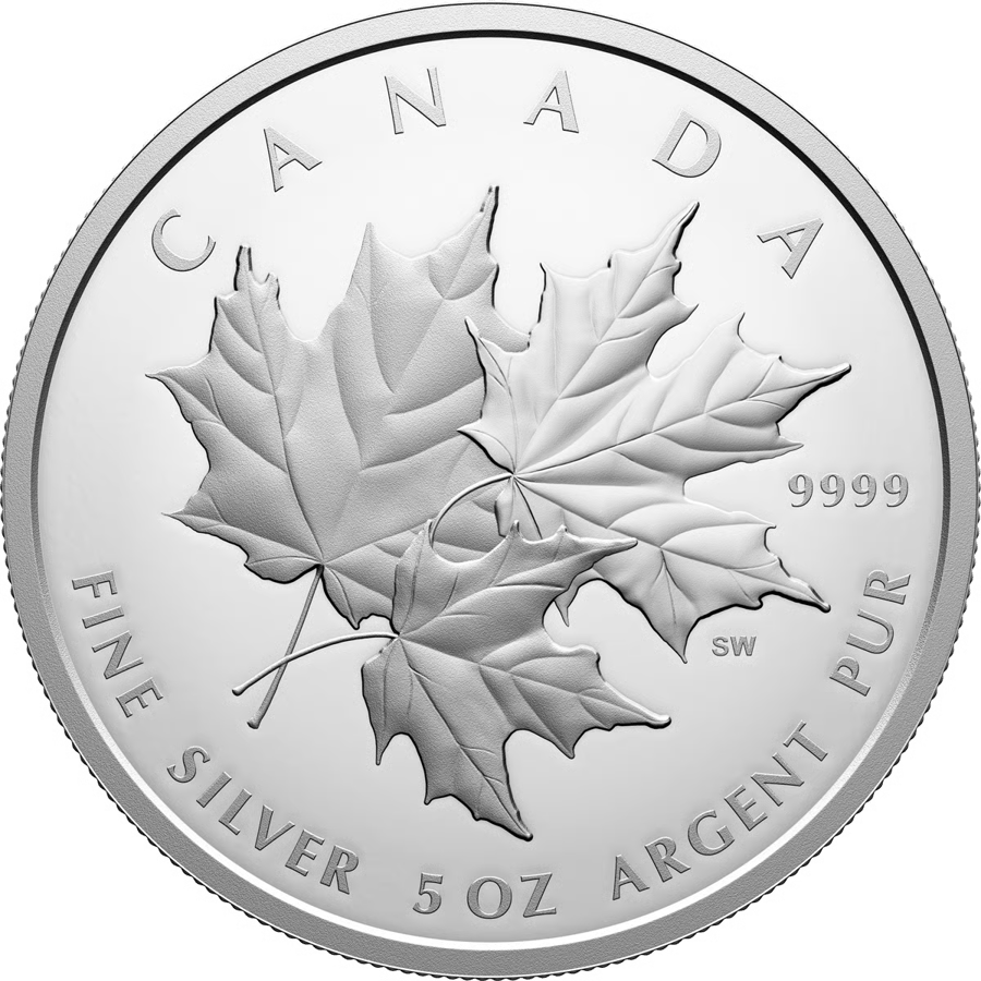 5 ounces of silver 2025, Leaf side: three separate, overlapping maple leaves, CANADA at the top, 9999 and the initials SW on the right, the metal and weight in English and French at the bottom