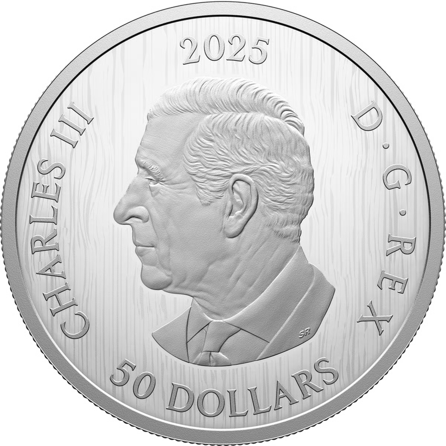 5 ounces of silver 2025, Effigy side: King Charles III in profile facing left, the legend CHARLES III D·G·REX, the year 2025 at the top, the face value at the bottom