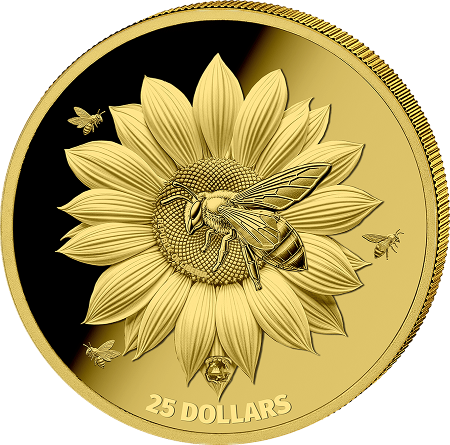 1/200 ounce gold Honey Bee 2025 · Value side with the bee on the sunflower