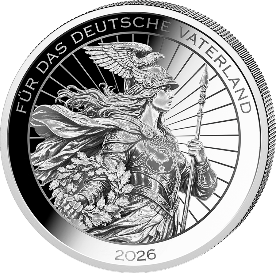 1/10 Unze Silber · Germaniaseite: Germania mit Helm, Speer und Eichenlaub vor Strahlen, darum FÜR DAS DEUTSCHE VATERLAND und 2026