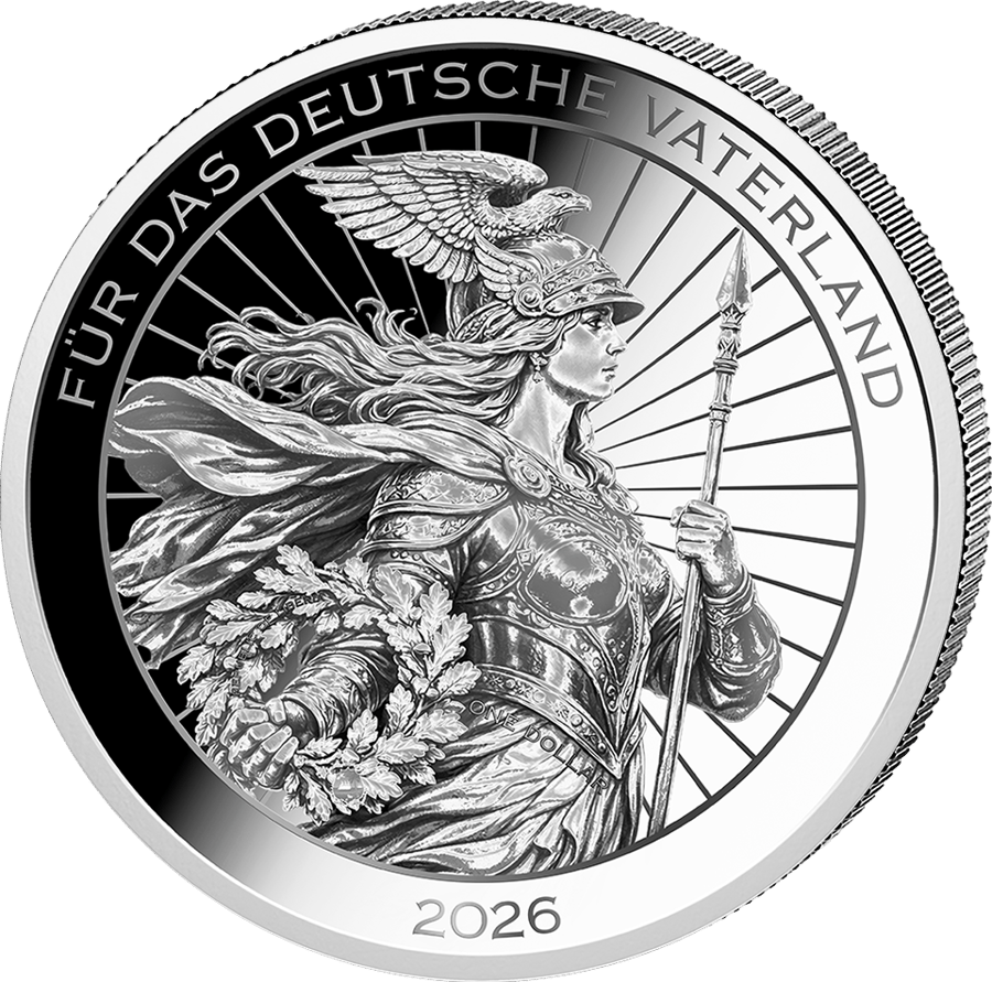 1/20 Unze Silber · Germaniaseite: Germania mit Helm, Speer und Eichenlaub vor Strahlen, darum FÜR DAS DEUTSCHE VATERLAND und 2026