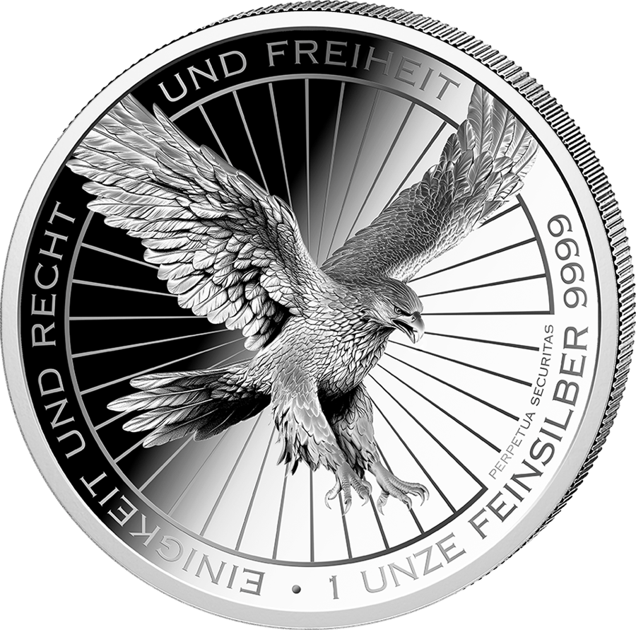 1 Unze Silber · Adlerseite: ein Adler im Anflug vor Strahlen, darum EINIGKEIT UND RECHT UND FREIHEIT, Gewicht und Feingehalt