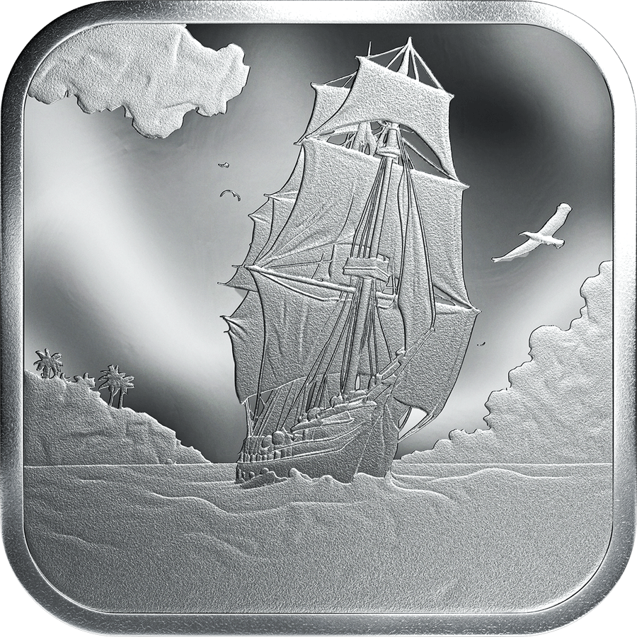 1/10 ounce square coin · side with the three-master
