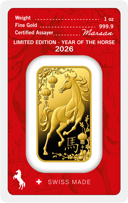 Gold bar with a leaping horse, lanterns, blossoming branches and the character 馬, in the red card for the Year of the Horse 2026