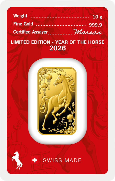 Gold bar with a leaping horse, lanterns, blossoming branches and the character 馬, in the red card for the Year of the Horse 2026