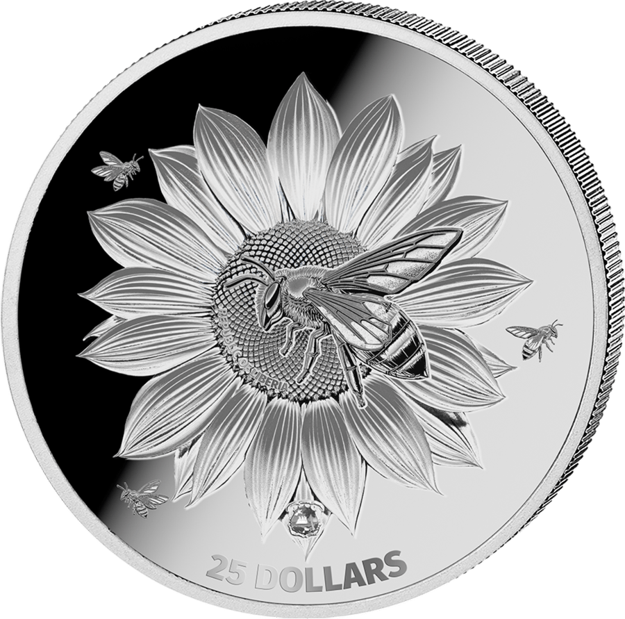 2 ounces silver Honey Bee 2026 · Value side with the bee on the sunflower