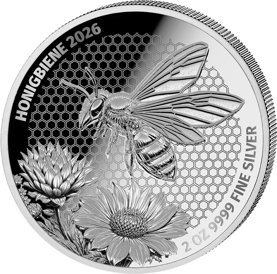 2 ounces silver Honey Bee 2026 · Design side with the bee in front of the honeycomb