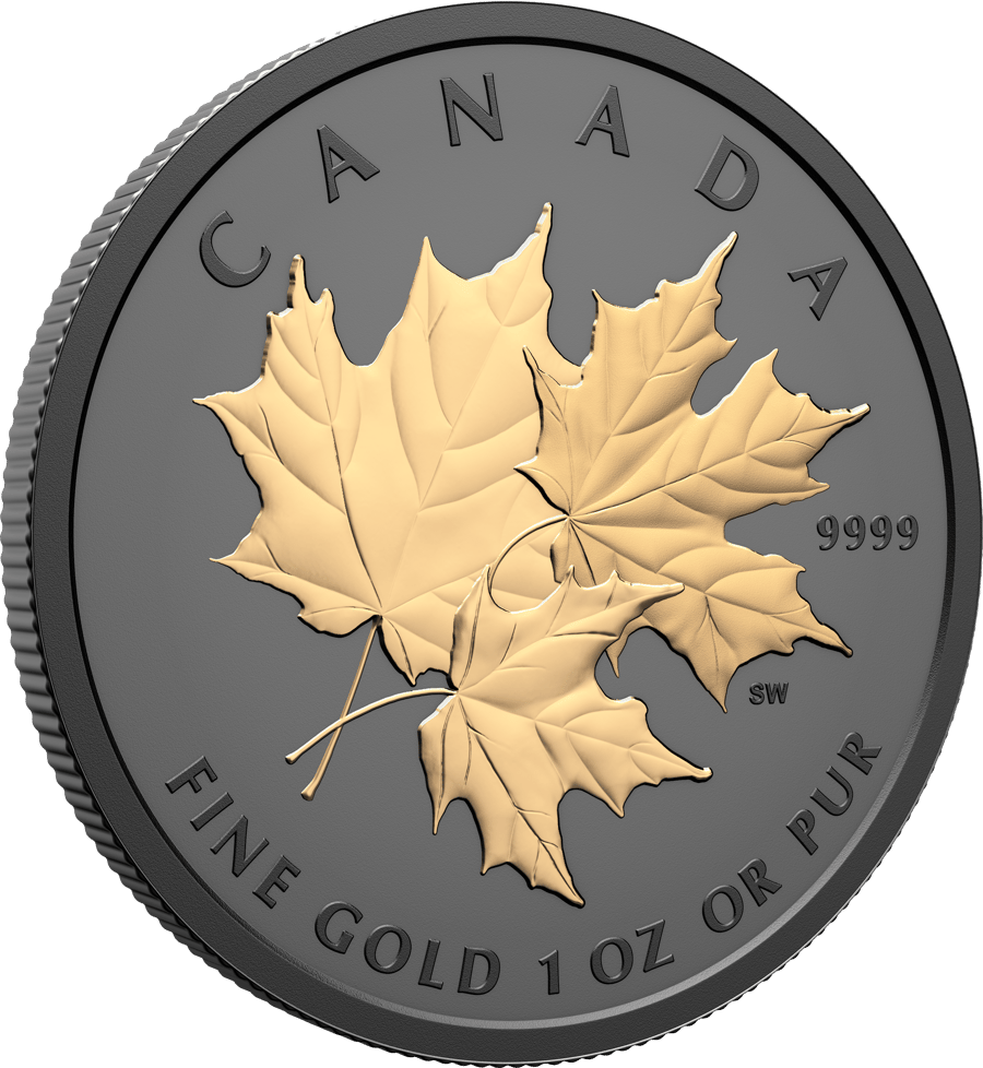 1 ounce of gold 2026, Leaf side: three separate, overlapping maple leaves, CANADA at the top, 9999 and the initials SW on the right, the metal and weight in English and French at the bottom