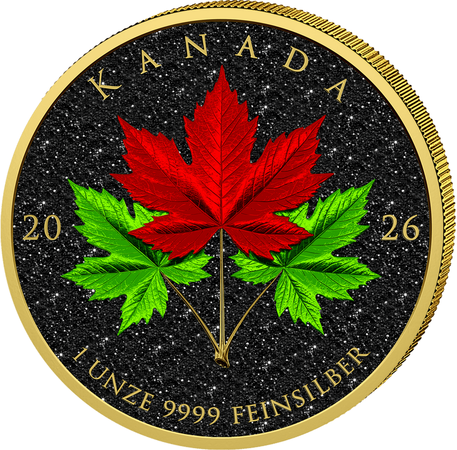 Green and Red, Leaf side: red central leaf and two green side leaves on a black glittering ground, KANADA at the top, 20 and 26 on the left and right, the weight and fineness at the bottom