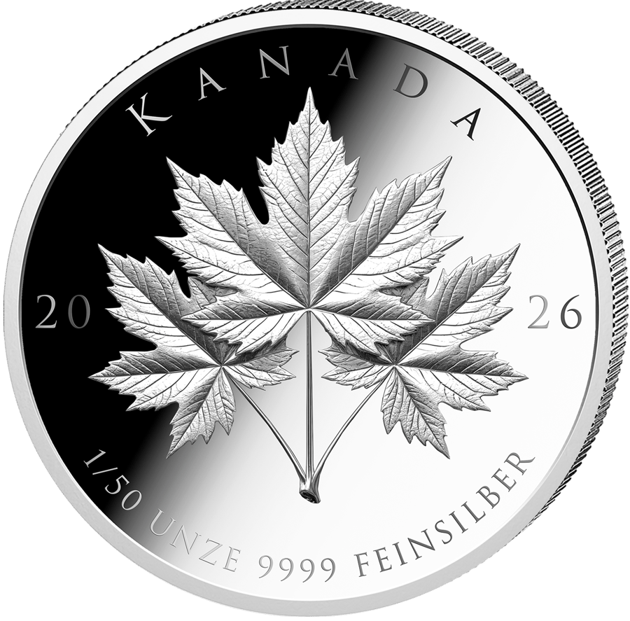 25 × 1/50 ounce of silver, Leaf side: three maple leaves on a shared stem, KANADA at the top, 20 and 26 on the left and right, the weight and fineness at the bottom