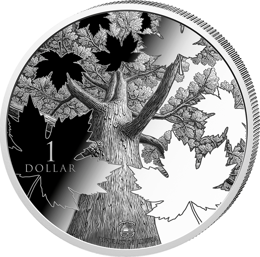 25 × 1/50 ounce of silver, Tree side: the view up a maple trunk into the branches, the face value on the left, a small coat of arms and REPUBLIC OF LIBERIA at the bottom