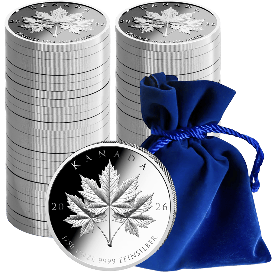 50 × 1/50 ounce of silver, Image: stacked coins, one coin in front showing its leaf side, beside them the blue velvet pouch