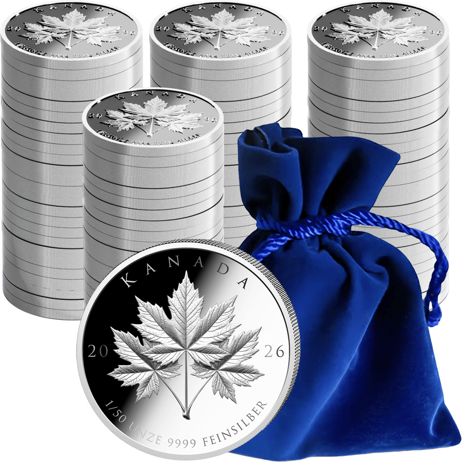 100 × 1/50 ounce of silver, Image: stacked coins, one coin in front showing its leaf side, beside them the blue velvet pouch