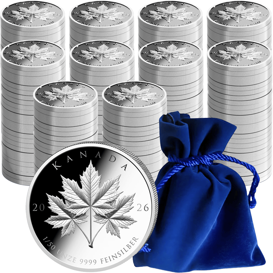 250 × 1/50 ounce of silver, Image: stacked coins, one coin in front showing its leaf side, beside them the blue velvet pouch
