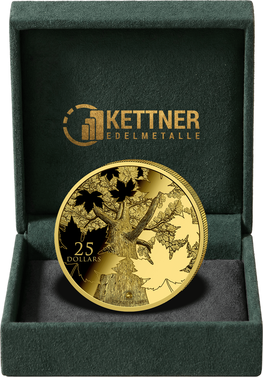 1 Gramm Gold im dunkelgrünen Samtetui, im Deckel das Logo von Kettner Edelmetalle