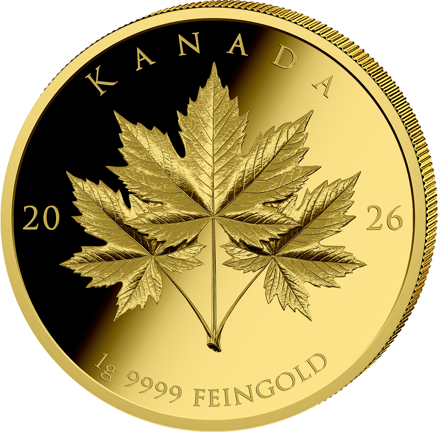 1 Gramm Gold, Blätterseite: drei Ahornblätter an einem gemeinsamen Stiel, oben KANADA, links und rechts 20 und 26, unten Gewicht und Feinheit