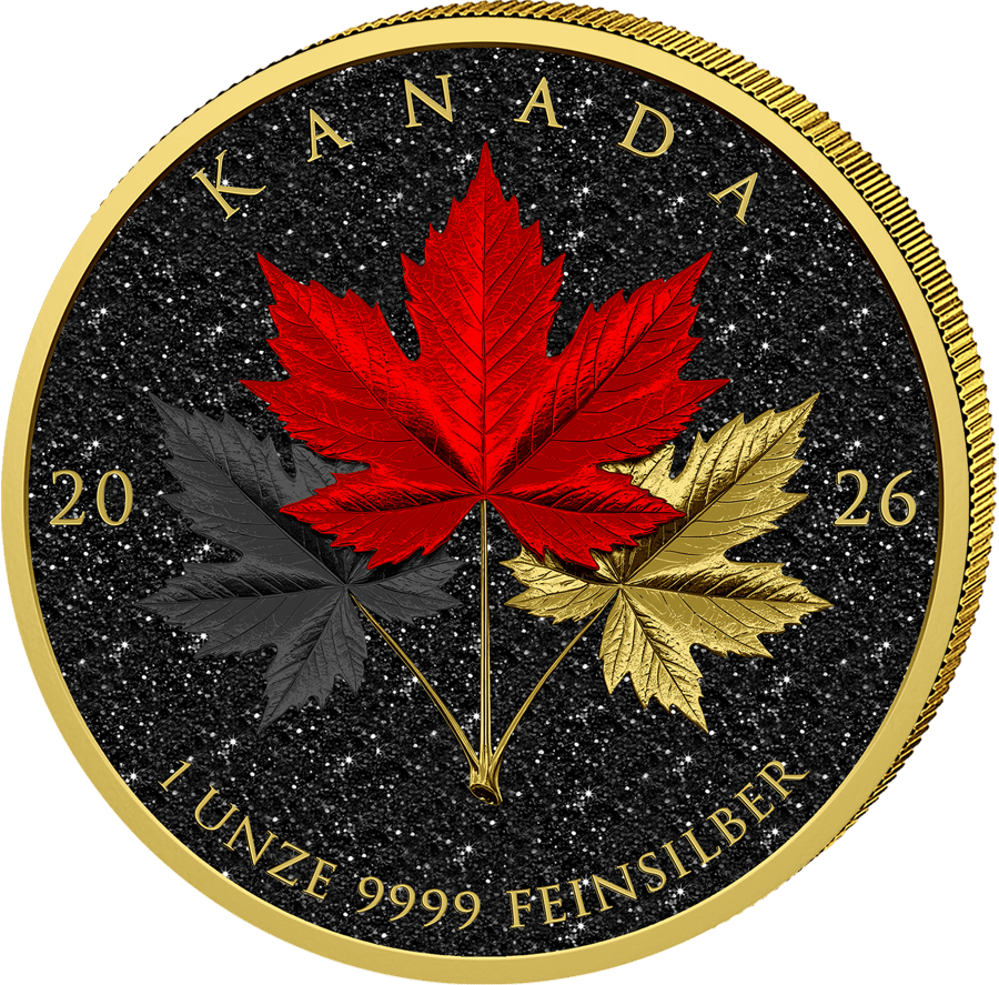 Germany, Leaf side: red central leaf, a dark side leaf on the left and a golden one on the right on a black glittering ground, KANADA at the top, 20 and 26 on the left and right, the weight and fineness at the bottom