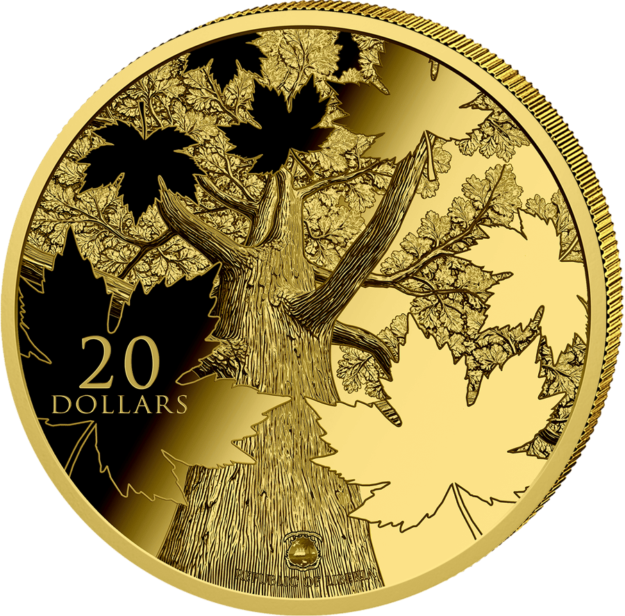 Germany, Tree side, gilded all over: the view up a maple trunk into the branches, the face value on the left, a small coat of arms and REPUBLIC OF LIBERIA at the bottom