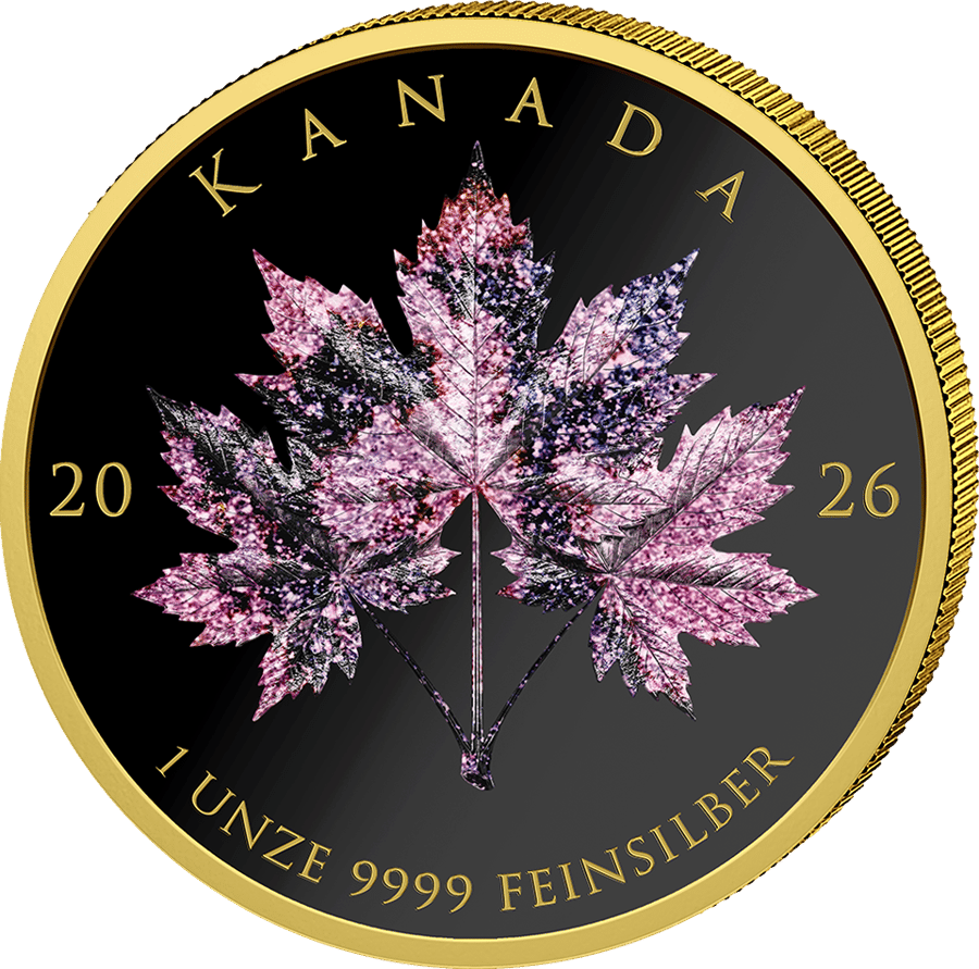 Rhodonite, Leaf side: three leaves in pink to lilac with dark speckles on a dark field, KANADA at the top, 20 and 26 on the left and right, the weight and fineness at the bottom