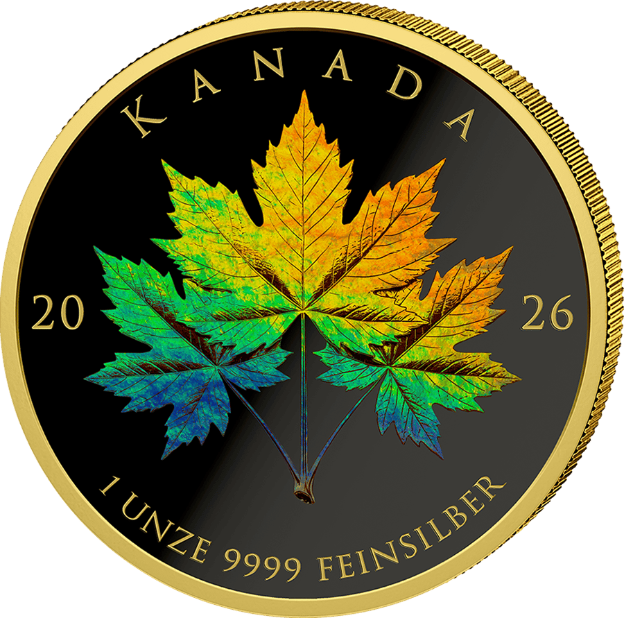 Hologram, Leaf side: three leaves in rainbow colours on a dark field, KANADA at the top, 20 and 26 on the left and right, the weight and fineness at the bottom