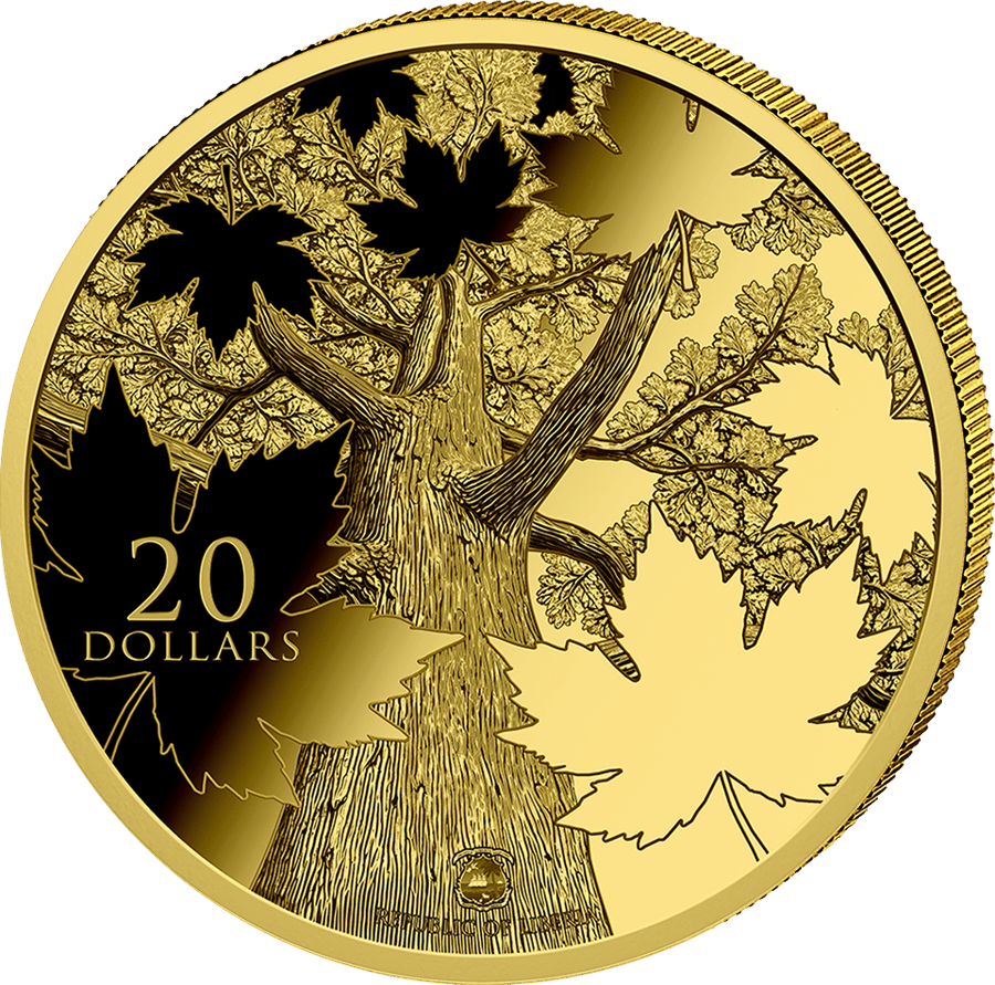 Carbon Blue, Tree side, gilded all over: the view up a maple trunk into the branches, the face value on the left, a small coat of arms and REPUBLIC OF LIBERIA at the bottom