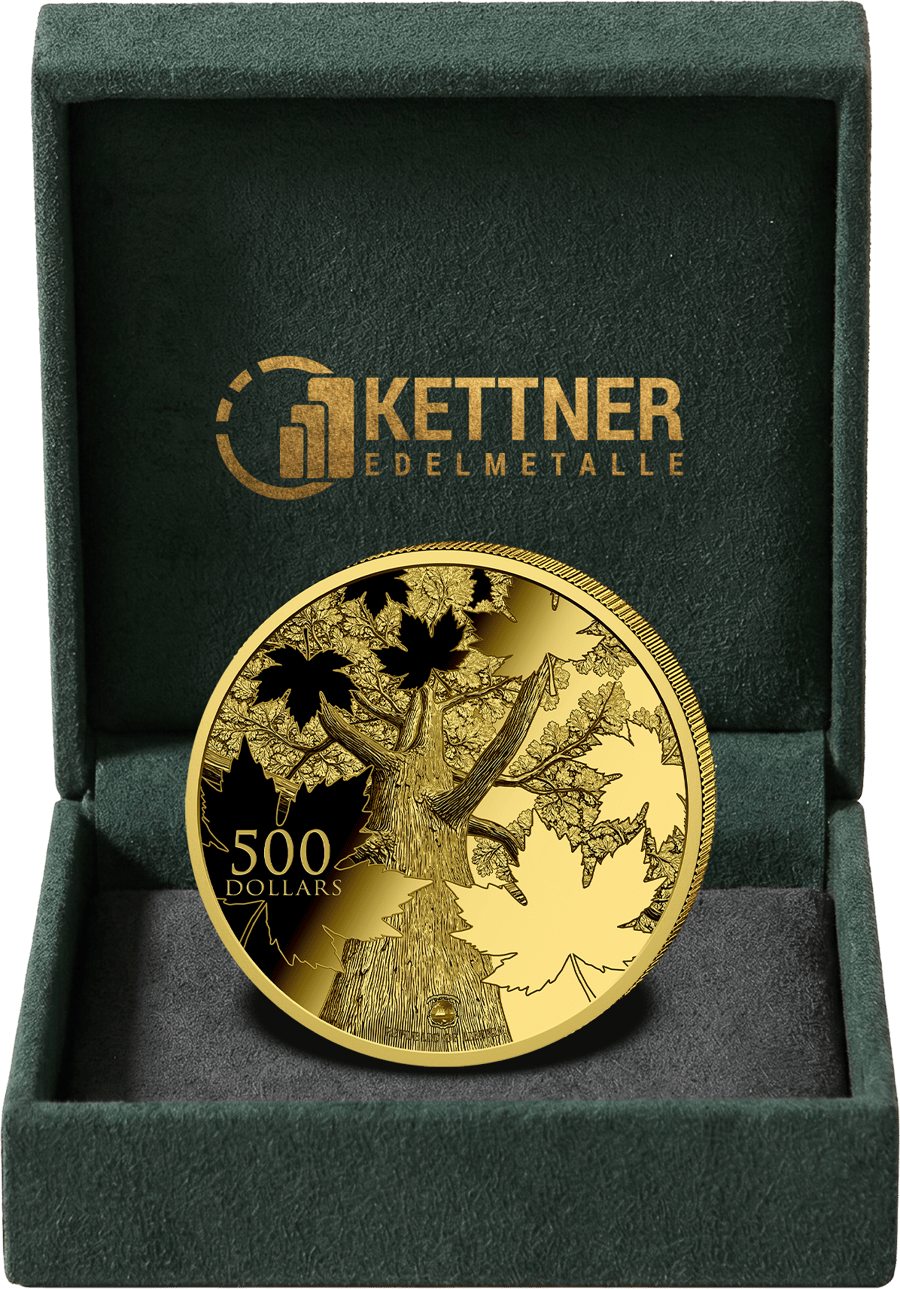 1 Unze Gold im dunkelgrünen Samtetui, im Deckel das Logo von Kettner Edelmetalle