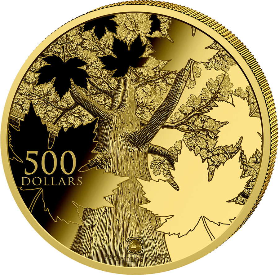 1 Unze Gold, Baumseite: der Blick an einem Ahornstamm hinauf ins Geäst, links der Nennwert, unten ein kleines Wappen und REPUBLIC OF LIBERIA