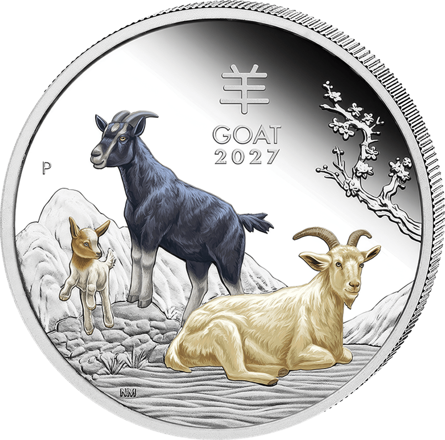 1 ounce silver Goat 2027 coloured · Goat side