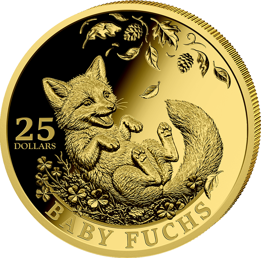 German Baby Forest Animals 3-coin gold set 2026 · Front with the young fox