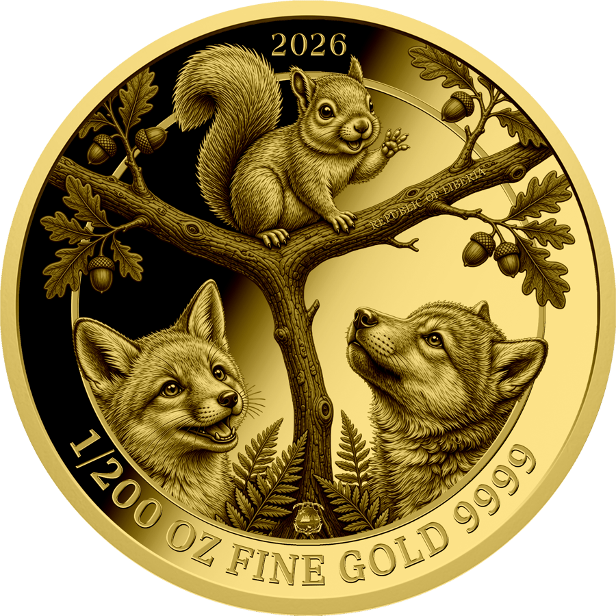 German Baby Forest Animals 3-coin gold set 2026 · Back with squirrel, fox and wolf