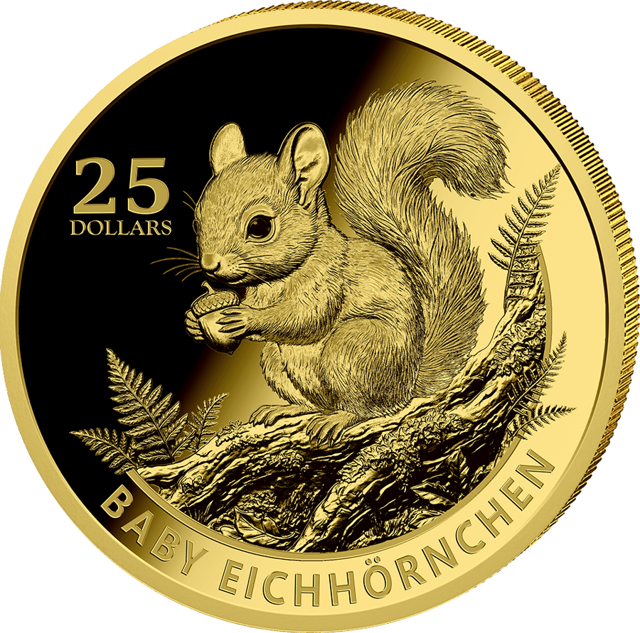 German Baby Forest Animals 3-coin gold set 2026 · Front with the young squirrel