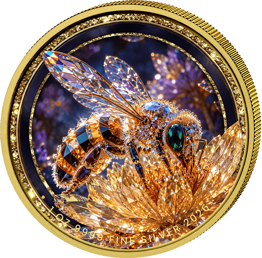 1 ounce silver Crystal Honey Bee 2026 · Design side with the coloured bee on the blossom