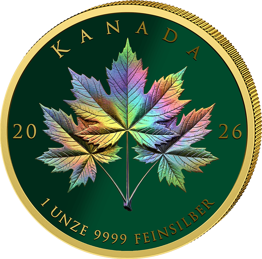 Gold Green, Leaf side: three leaves in rainbow colours on a dark green field, KANADA at the top, 20 and 26 on the left and right, the weight and fineness at the bottom