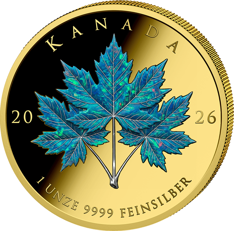 Opal, Leaf side: three leaves in blue and turquoise with colourful speckles on a gilded field, KANADA at the top, 20 and 26 on the left and right, the weight and fineness at the bottom