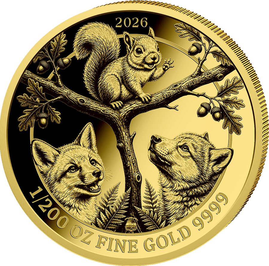 1/200 ounce gold Baby Squirrel 2026 · Back with squirrel, fox and wolf