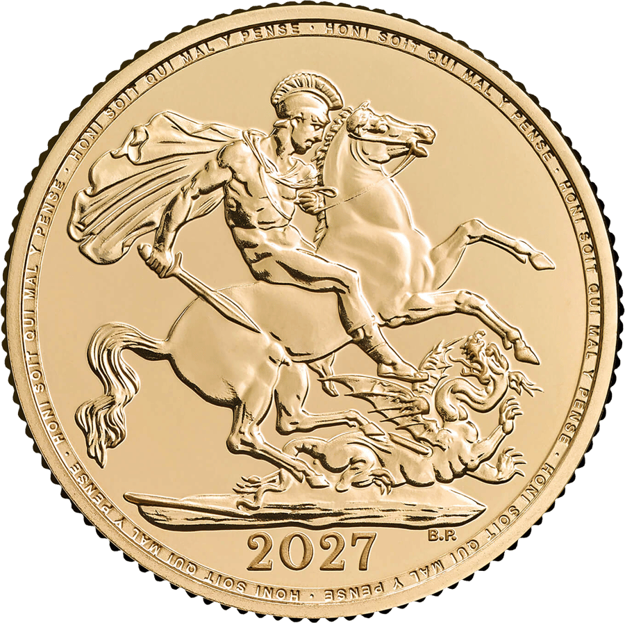 Gold Double Sovereign 2027 · Side with St George and the dragon