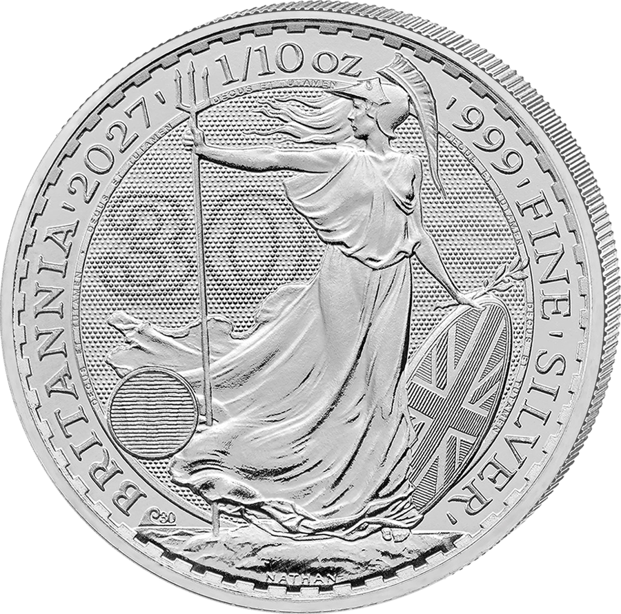 1/10 de onza de plata 2027 · Cara de Britannia