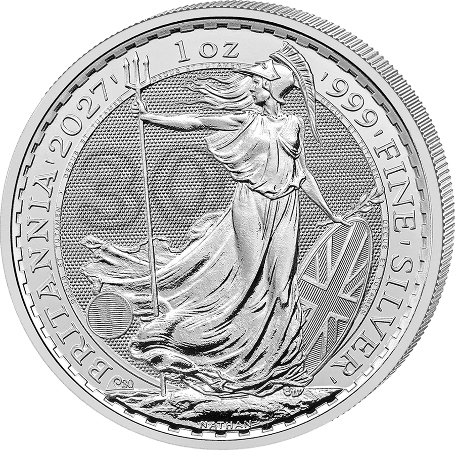 1 onza de plata 2027 · Cara de Britannia