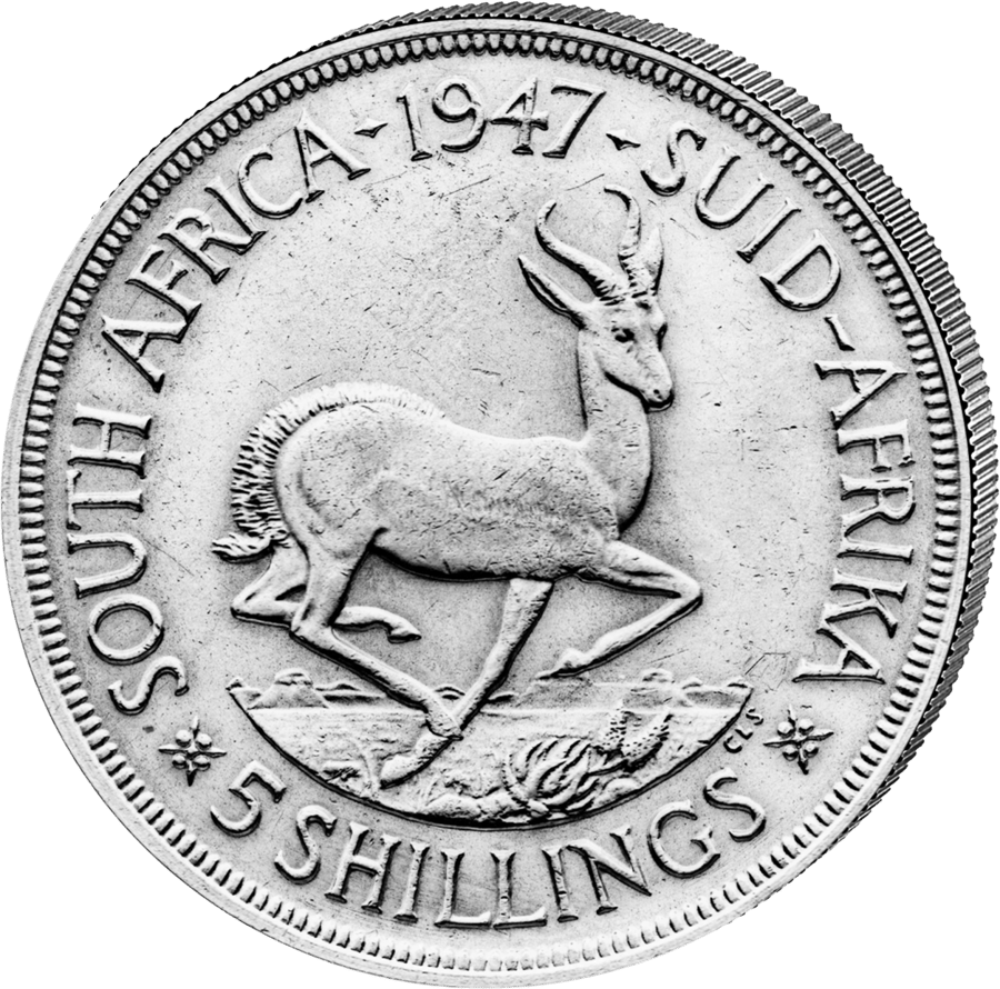 5 Shillings 1947 · Side with the springbok in mid-leap and the legend SOUTH AFRICA 1947 SUID-AFRIKA