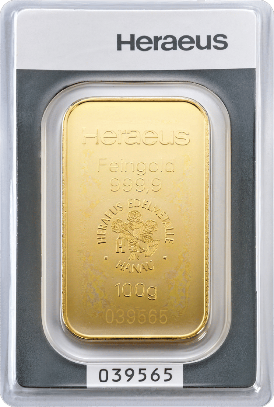 Minted gold bar with Heraeus, Feingold 999,9, the emblem and the weight