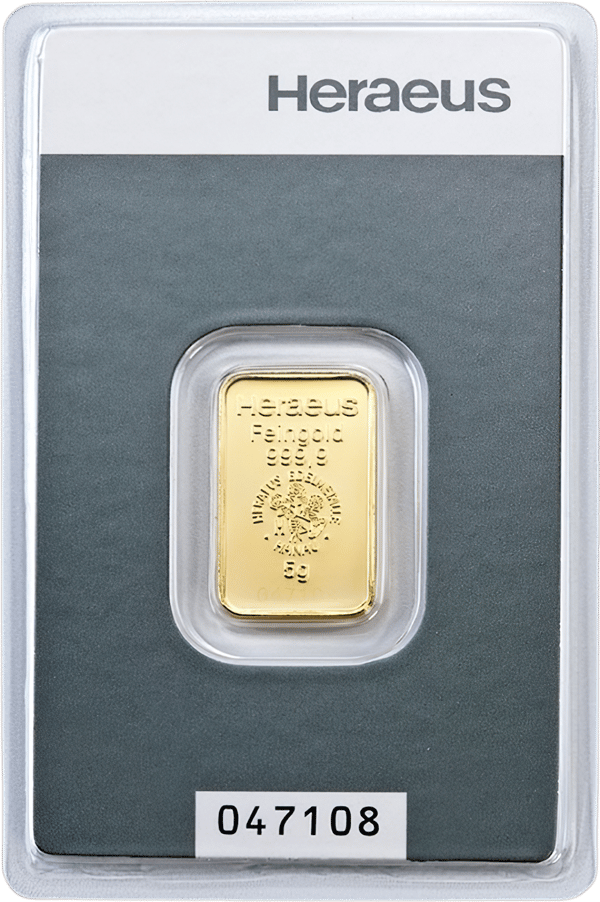 Minted gold bar in its blister, Heraeus at the top of the card, the serial number below