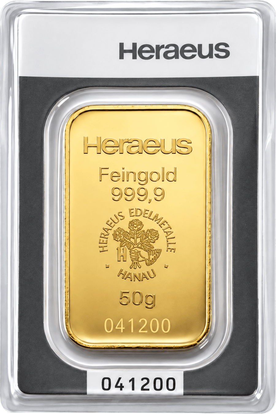 Minted gold bar with Heraeus, Feingold 999,9, the emblem and the weight