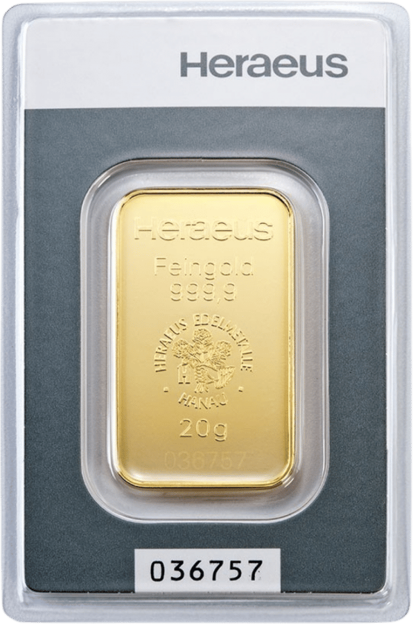 Minted gold bar in its blister, Heraeus at the top of the card, the serial number below