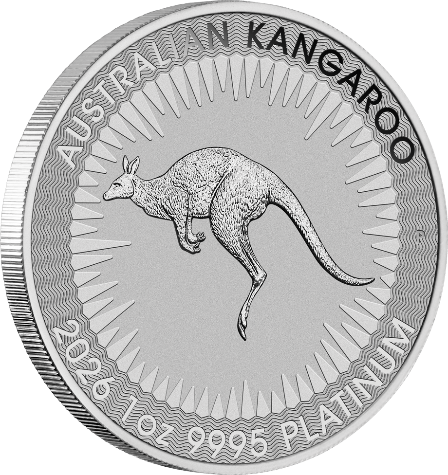 The 2026 platinum coin, seen from the front at a slight angle: Devlin’s kangaroo in mid‑leap against stylised rays of the sun